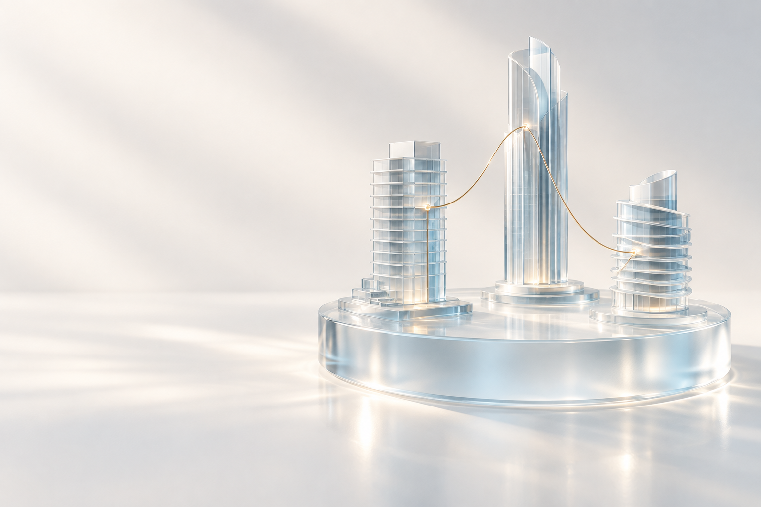 Conceptual glass architectural models connected by a gold path